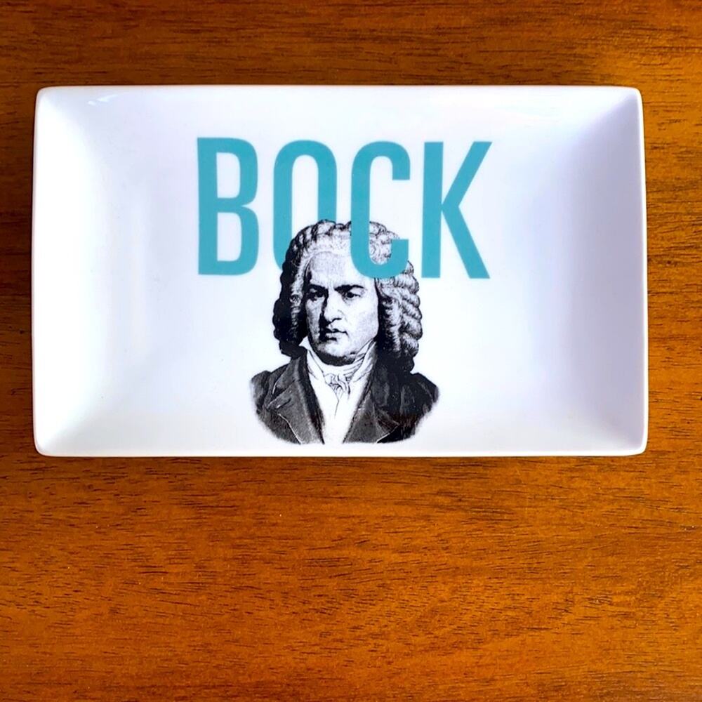 Crate & Barrel BOCK/BACH Beer‎ Style Rectangular Snack Plate White Porcelain